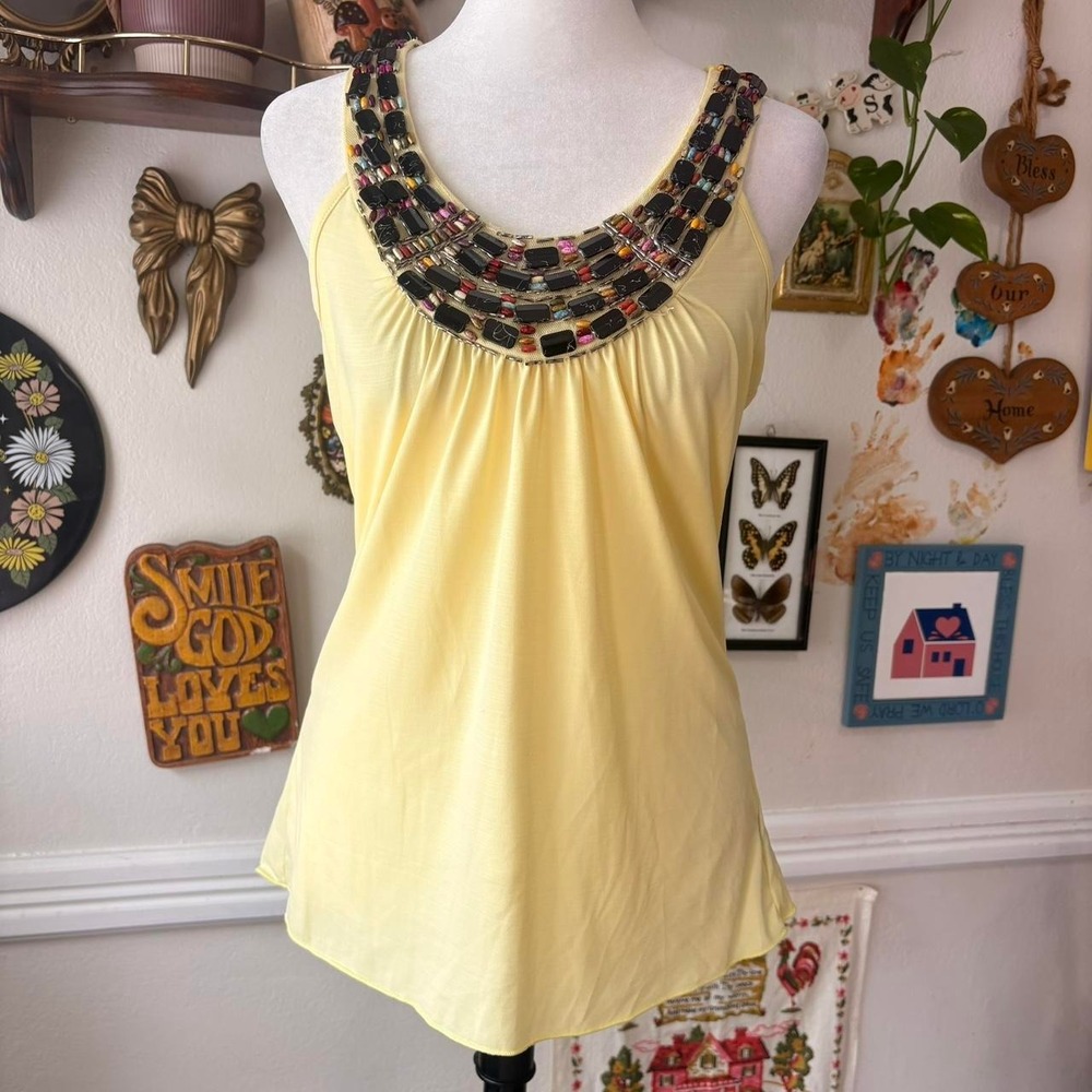 Vintage Y2K BCX Women's S Party Tank Top Beaded Gemstones Butter Yellow